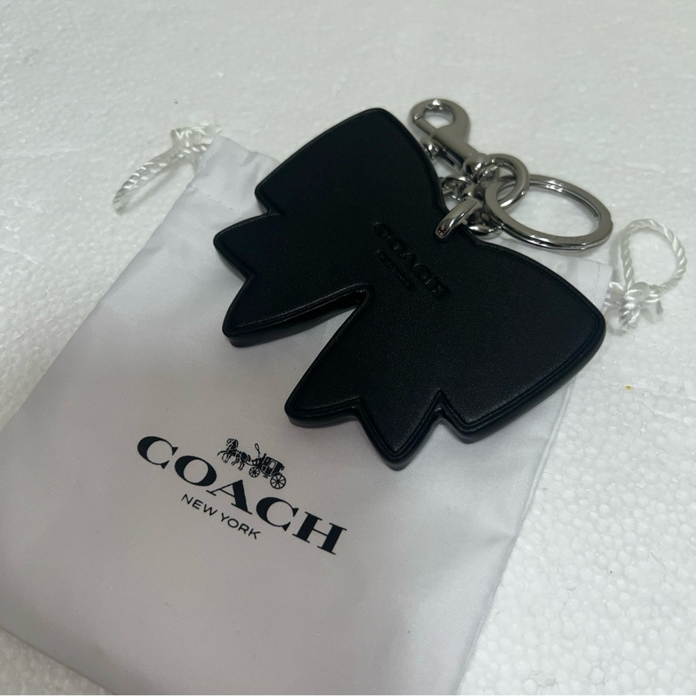 COACH Bow Bag Charm Gem Ribbon Black Leather - Picture 2 of 6